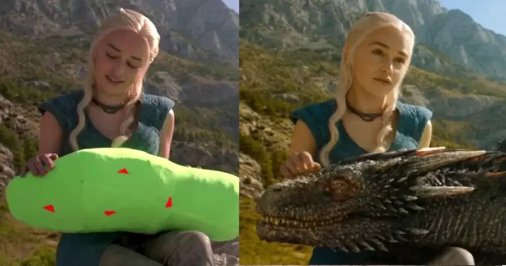 Left Image: Amelia Clark holding motion capture prop during filming of The Game Of Thrones. 
Right Image: Still from The Game of Thrones containing Daenerys Targaryen and one of her Dragons. 
