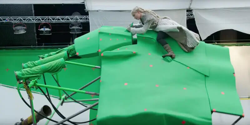 Amelia Clark riding motion capture dragon during the filming of The Game of Thrones